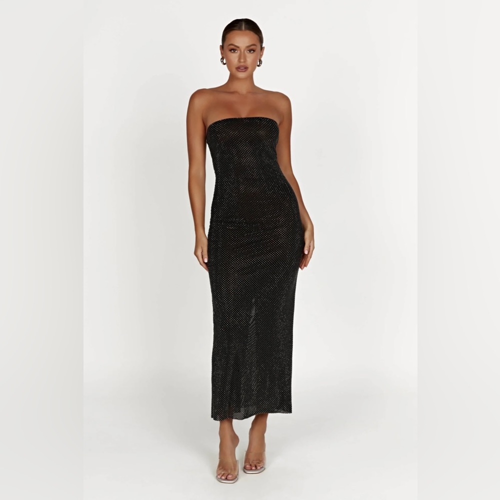 MESHKI Waverly strapless diamante midi dress - black